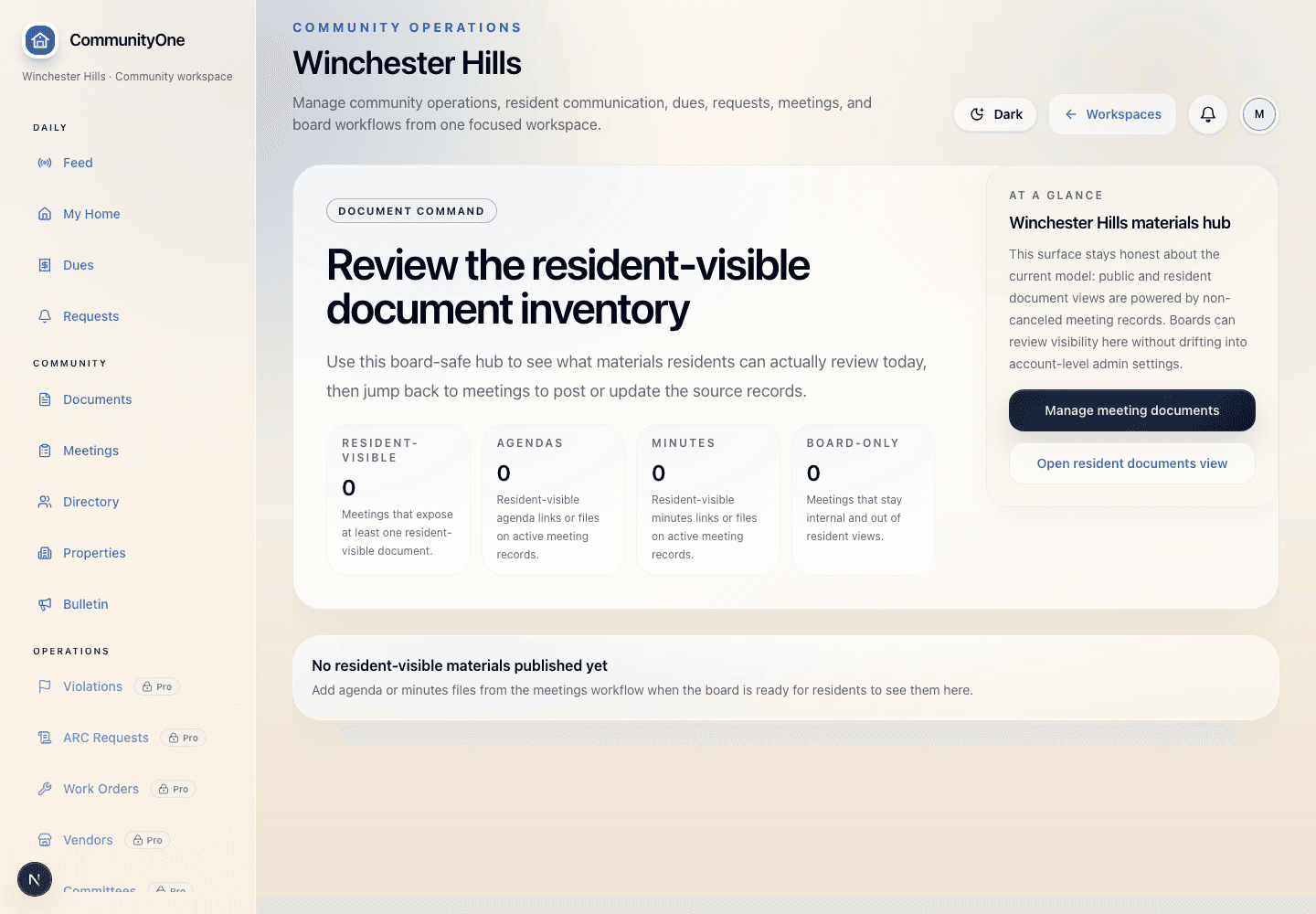CommunityOne documents screen showing governing document and meeting material organization.